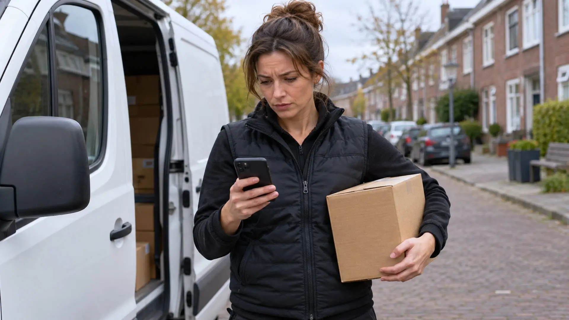 Pakketbezorger staat met een pakket naast een witte bestelbus en kijkt naar haar telefoon