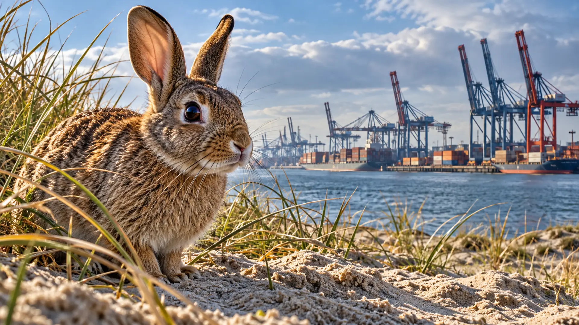Symbolische illustratie van een wild konijn tussen helmgras en duinzand, met Rotterdamse containerkranen aan de overkant van het water.