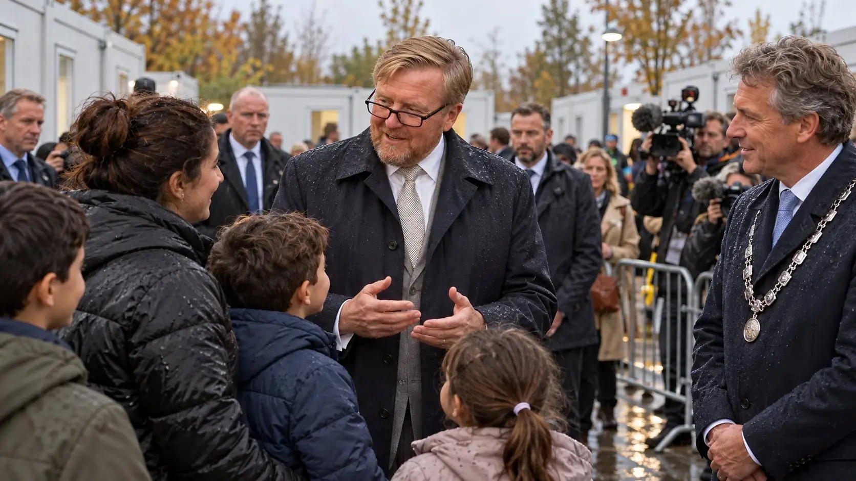 Koning Willem-Alexander praat in de regen met een bewonersgezin bij azc-containers, pers en burgemeester kijken toe