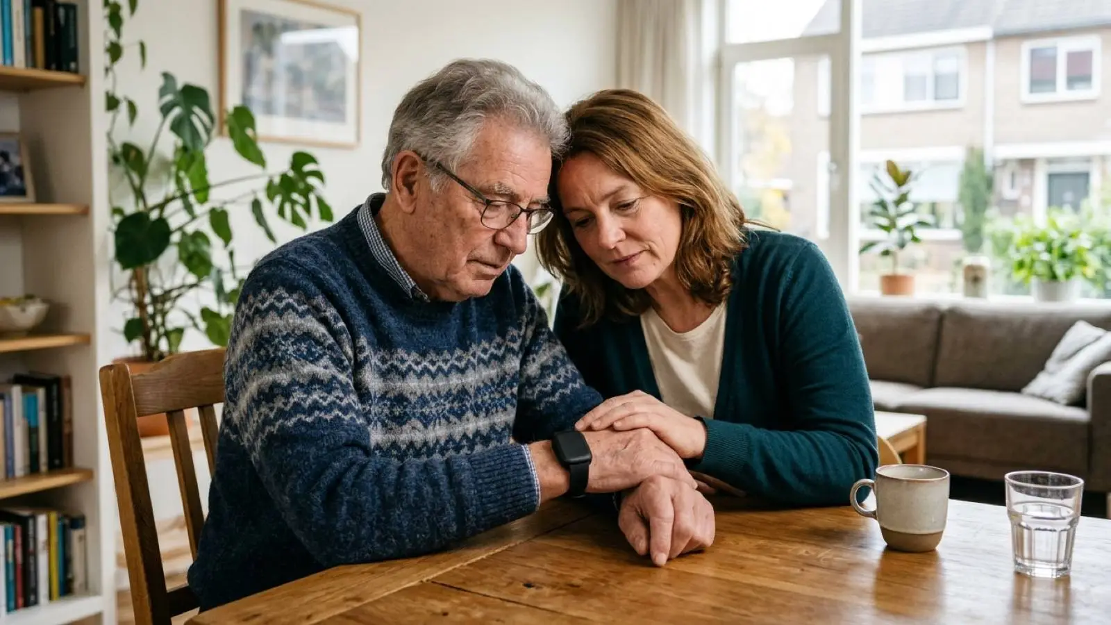Oudere Nederlandse man en zijn dochter die thuis samen een alarmhorloge controleren