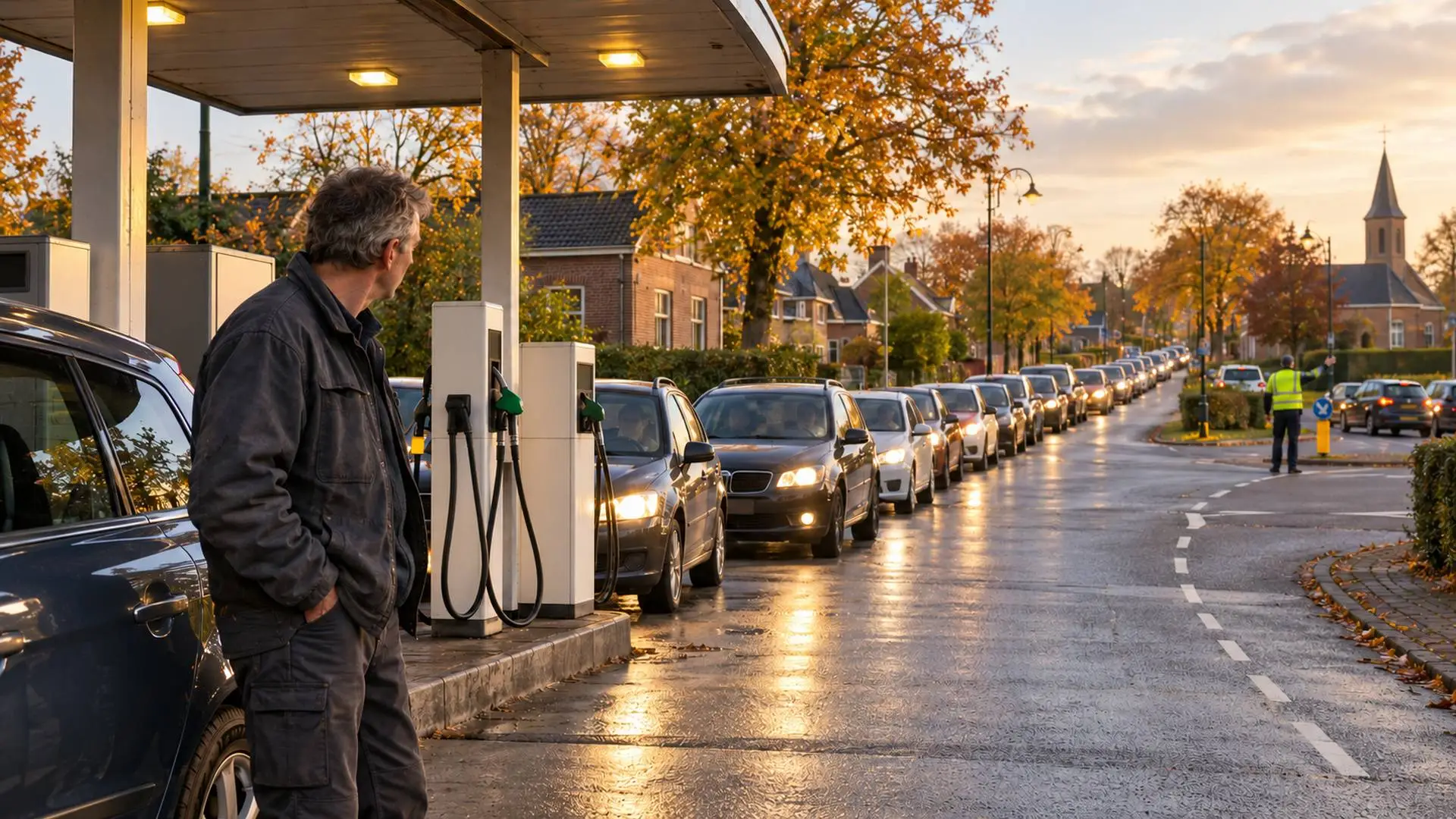 Lange rij auto’s in een dorpsstraat op weg naar een klein tankstation.