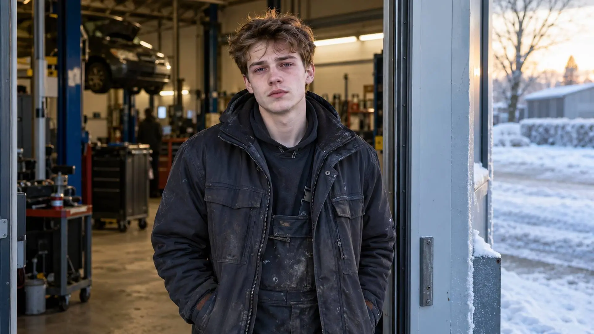 Jonge monteur met een bleek gezicht en een donkere werkjas staat in de deuropening van een garagewerkplaats op een winterse ochtend