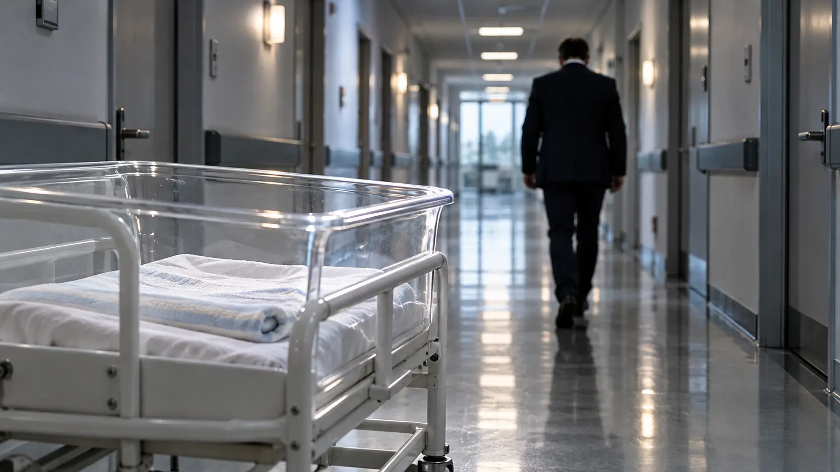 Lege babywieg met een opgevouwen dekentje in een ziekenhuisgang, terwijl een man in een donker pak wegloopt.