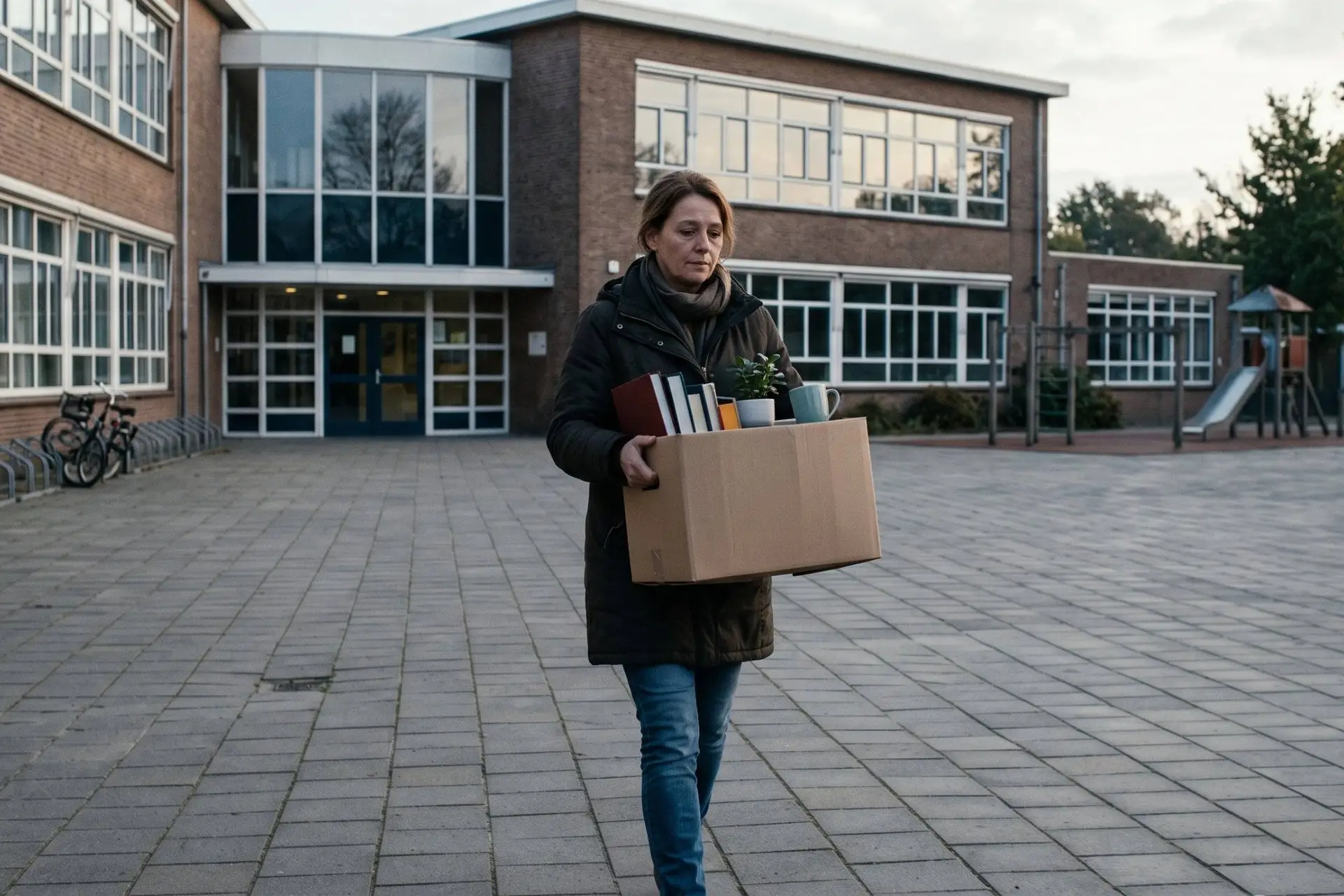 Vrouw loopt met een verhuisdoos met boeken en een plant over een leeg schoolplein weg van een schoolgebouw
