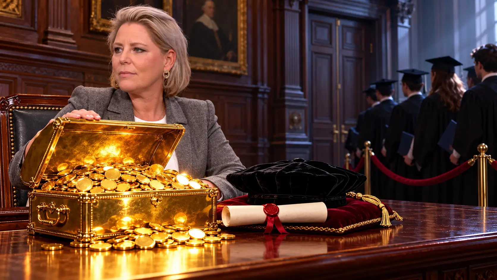 Illustratie van Rianne Letschert bij een open gouden geldkist en promotiebul, terwijl afgestudeerden achter een rood afzetkoord wachten.