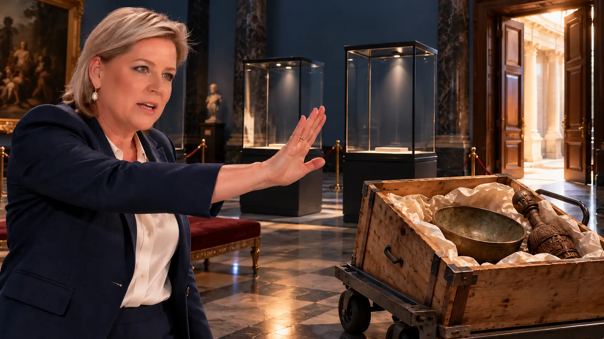 Satirische illustratie van Rianne Letschert met een afwijzend gebaar naast lege museumvitrines en een transportkist met historische objecten.