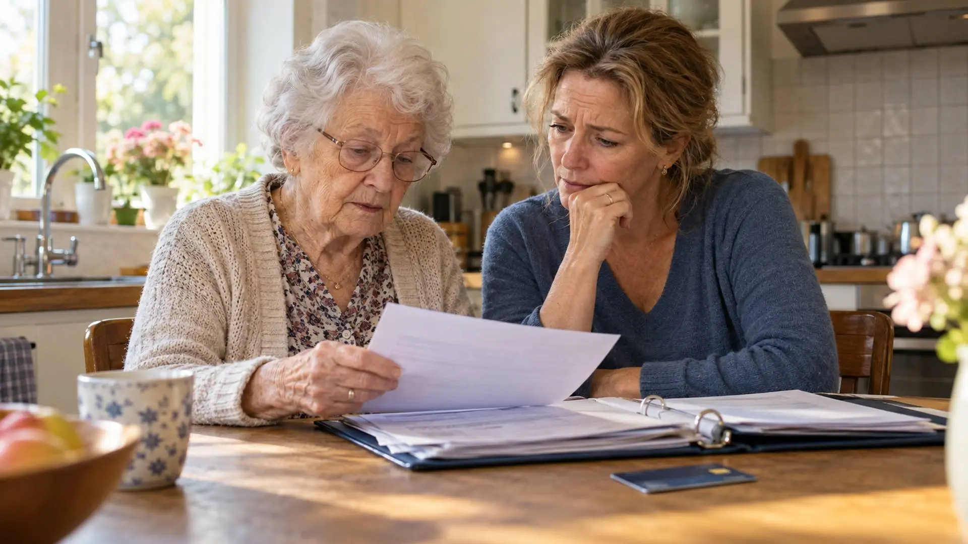 Oudere vrouw en haar volwassen dochter bekijken samen papieren aan de keukentafel