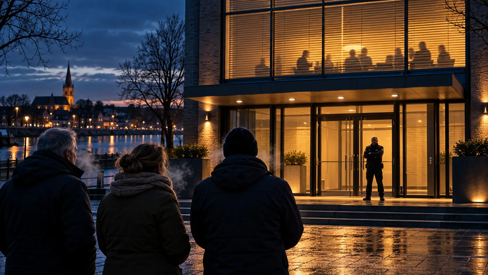 Inwoners buiten een verlicht gemeentehuis, met gesloten lamellen en een beveiliger bij de ingang.