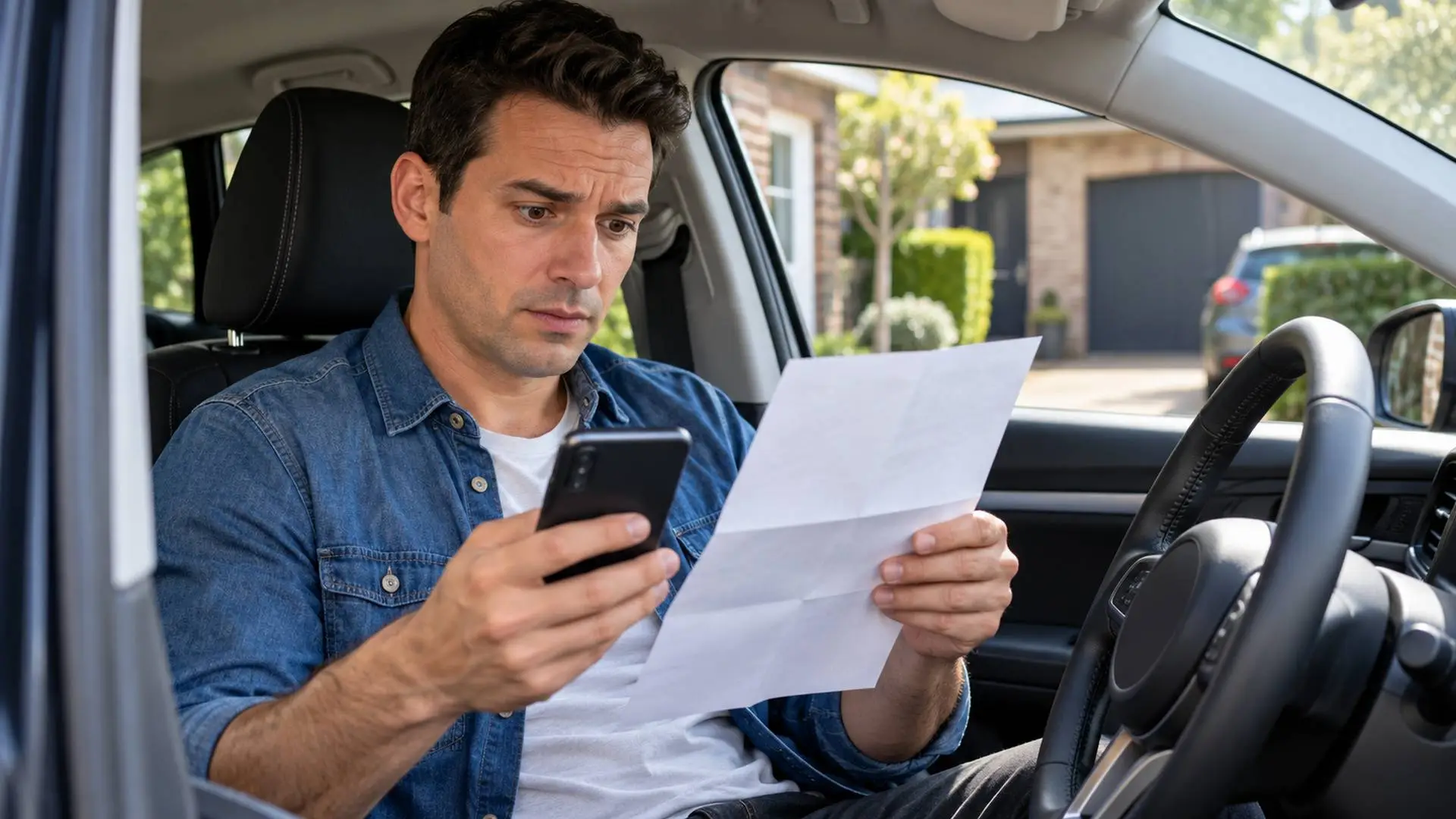 Man in zijn geparkeerde auto leest verbaasd een brief over de premie van zijn autoverzekering