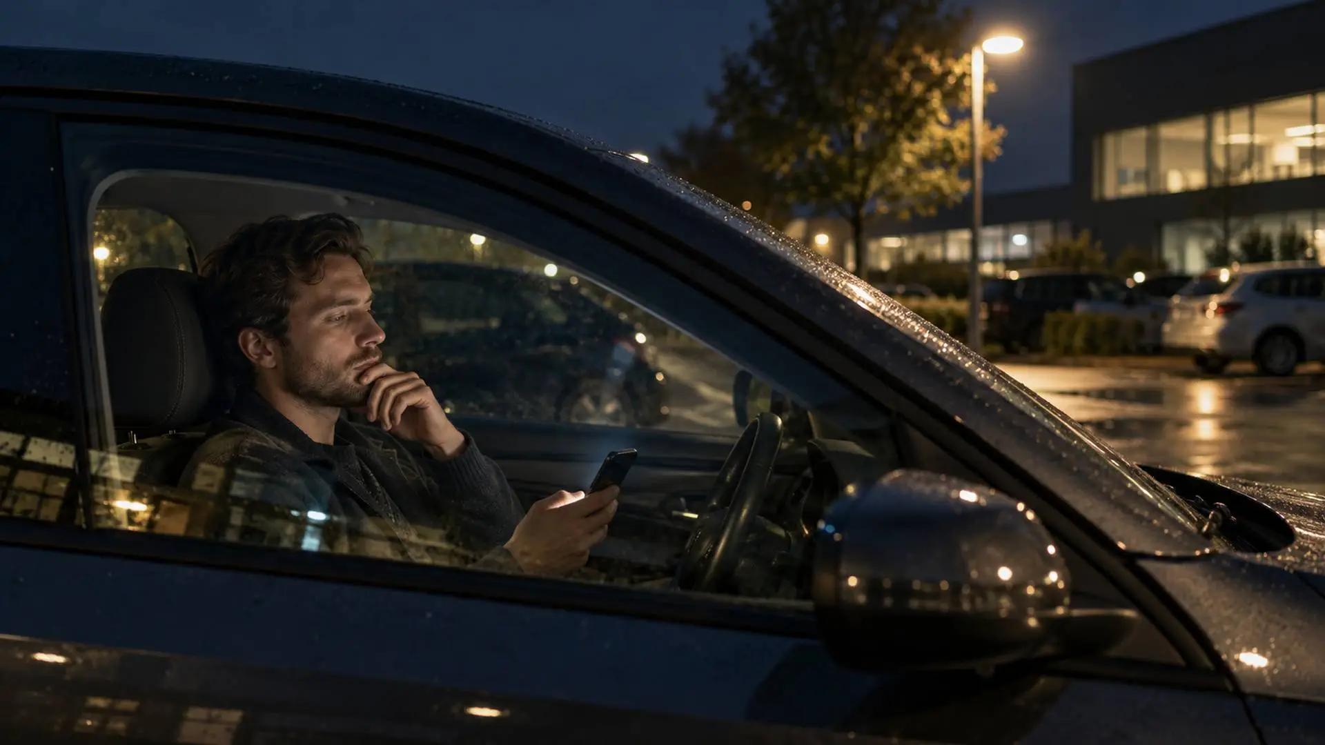 Man zit 's avonds peinzend met een telefoon in zijn hand achter het stuur van een geparkeerde auto op een bedrijfsparkeerplaats