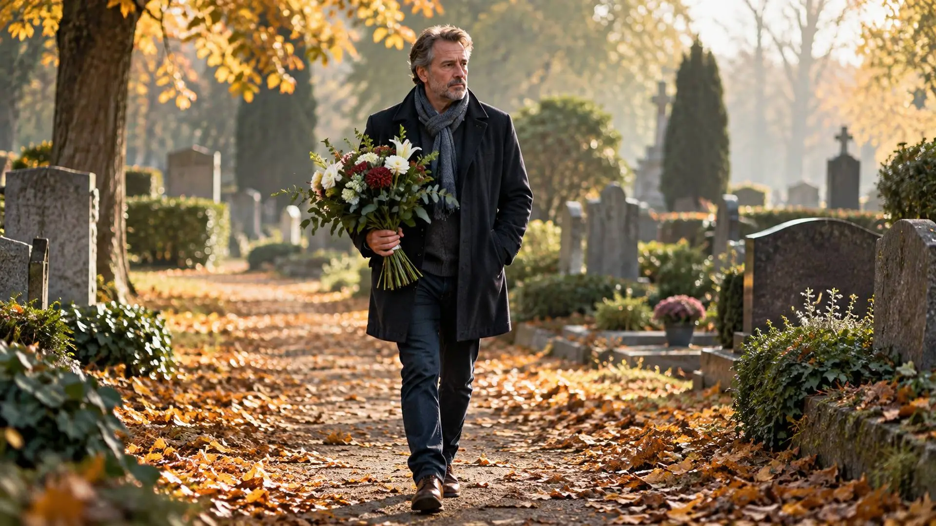 Man van rond de vijftig loopt met een bos bloemen over een pad met herfstbladeren op een begraafplaats