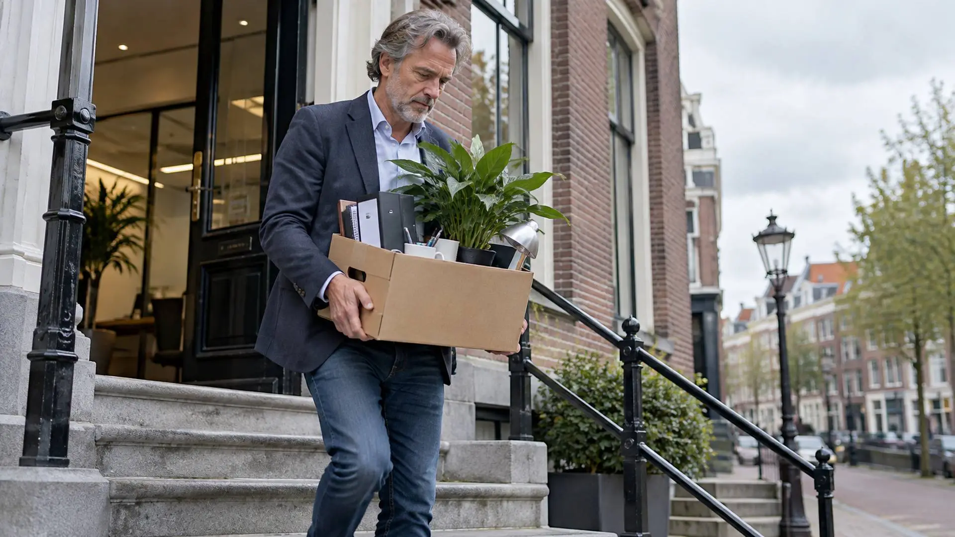 Man van rond de 55 loopt met een doos kantoorspullen en een plant de trap af van een klein kantoorpand