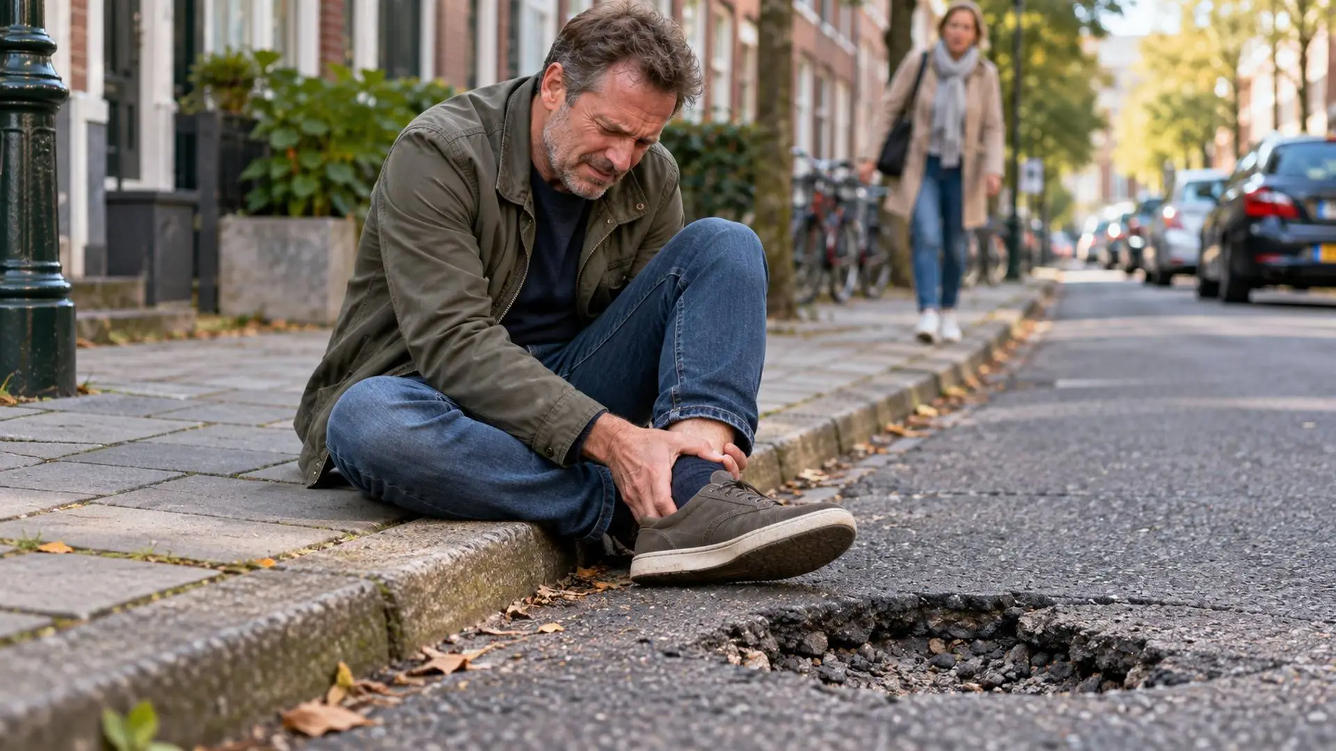 Een man die naast een gat in het wegdek op de stoep zit en zijn enkel vasthoudt.