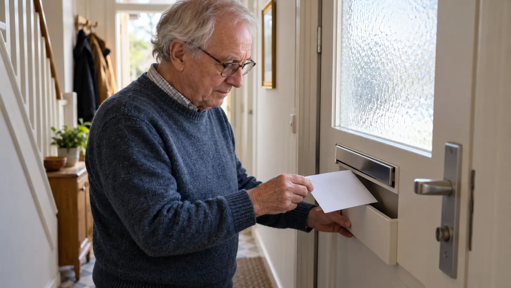 Oudere man haalt een witte envelop uit de briefopvang aan de binnenkant van zijn voordeur.