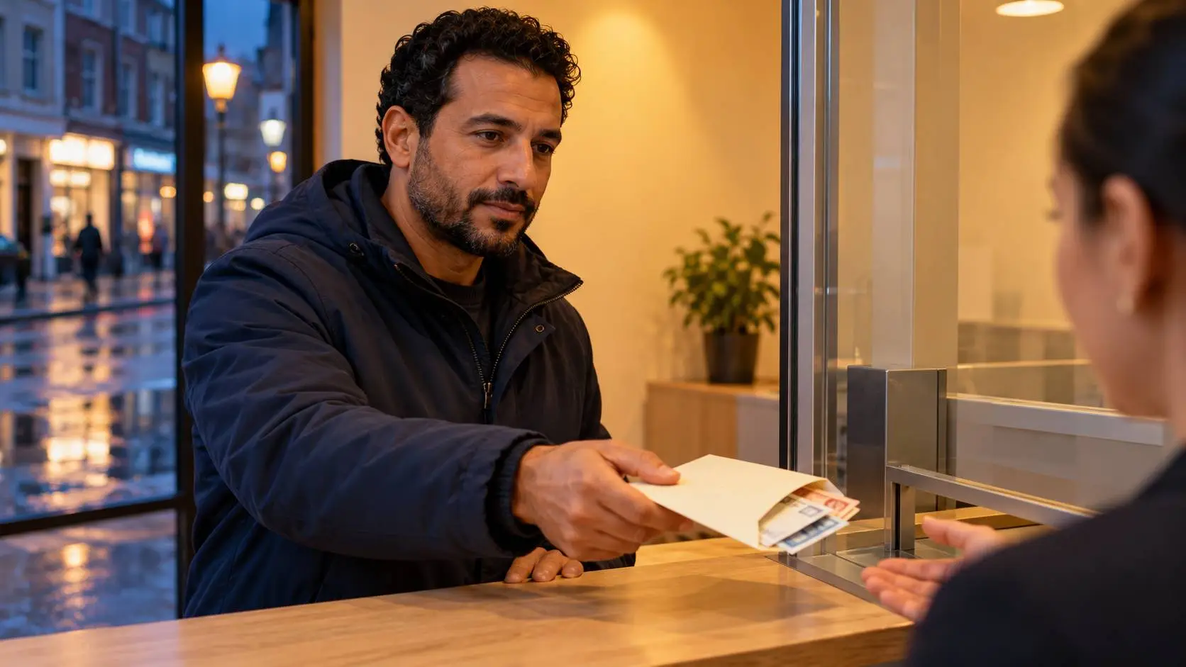 Man overhandigt ’s avonds een envelop met contant geld aan een medewerker van een geldtransferkantoor.