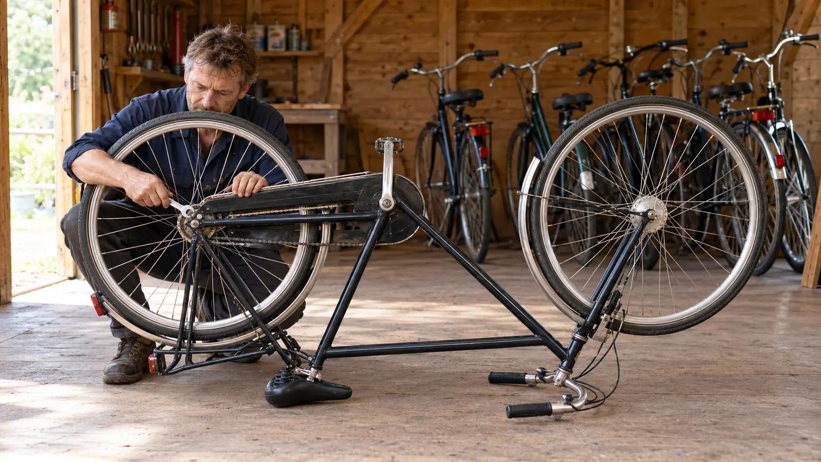 Man repareert met een steeksleutel het achterwiel van een omgekeerde fiets in een houten schuur.