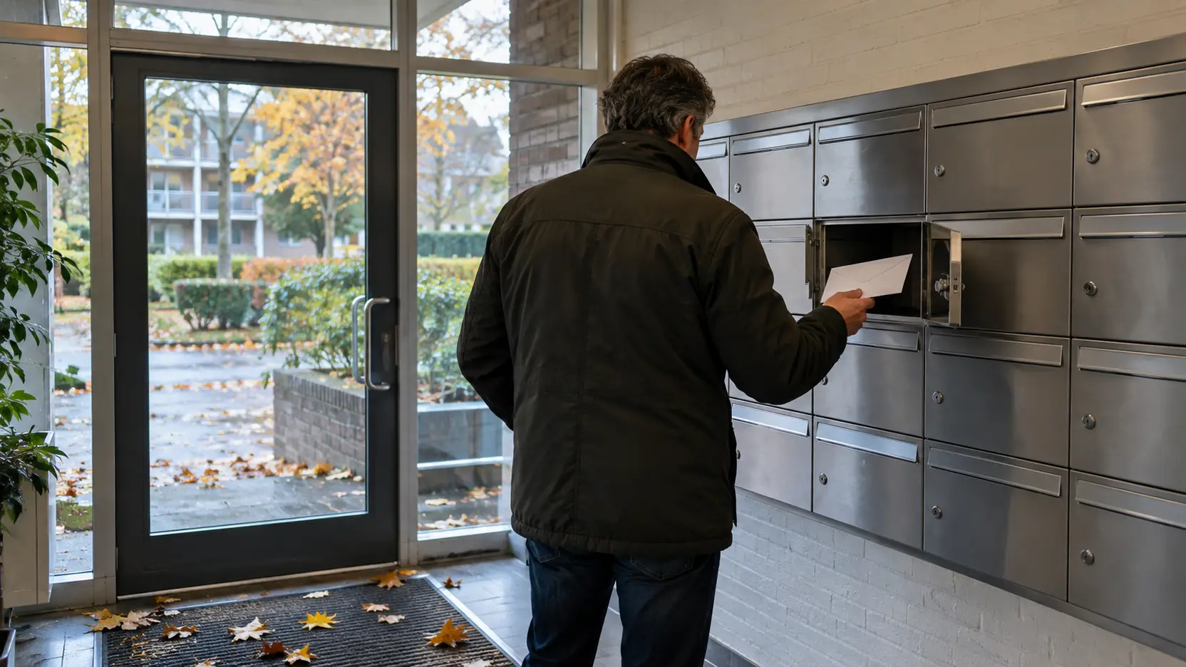 Man haalt een witte envelop uit zijn brievenbus in de hal van een portiekflat, met herfstbladeren op de deurmat.