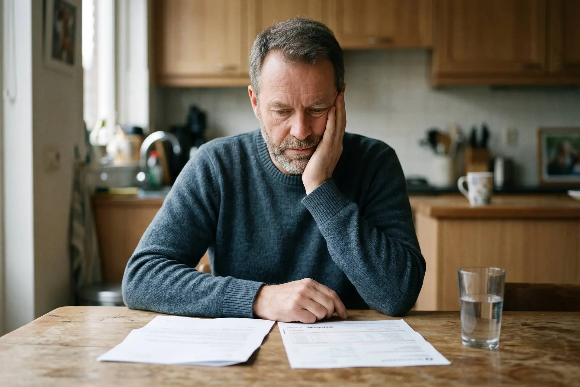 Man met zijn hand tegen zijn wang kijkt aan de keukentafel naar een brief en een rekening van de tandarts