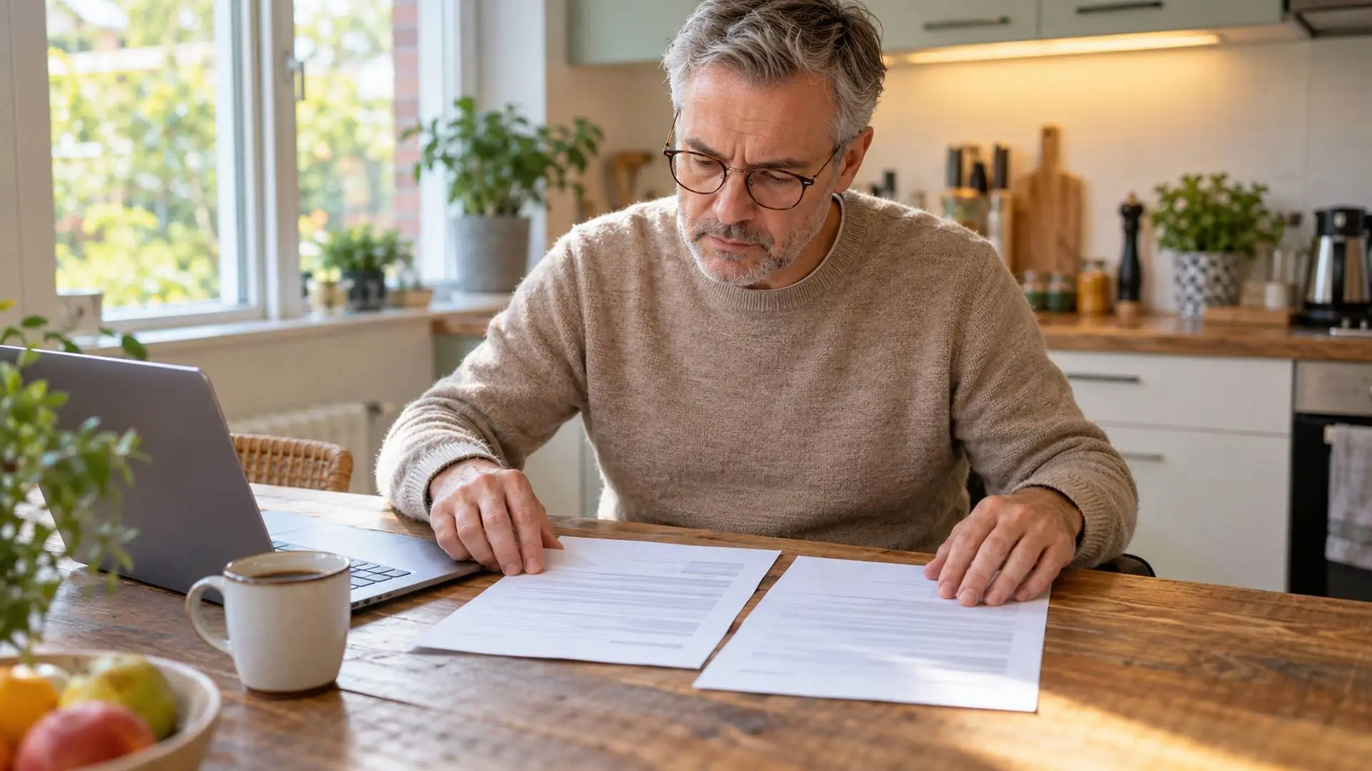 Man aan de keukentafel vergelijkt twee brieven van de bank over zijn hypotheekrente