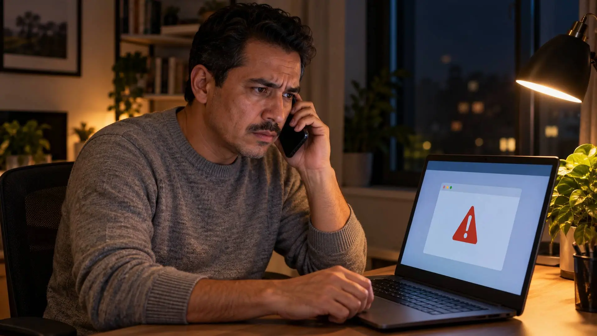 Man belt gespannen met de bank terwijl hij achter zijn laptop zijn hypotheekrente wil vastzetten