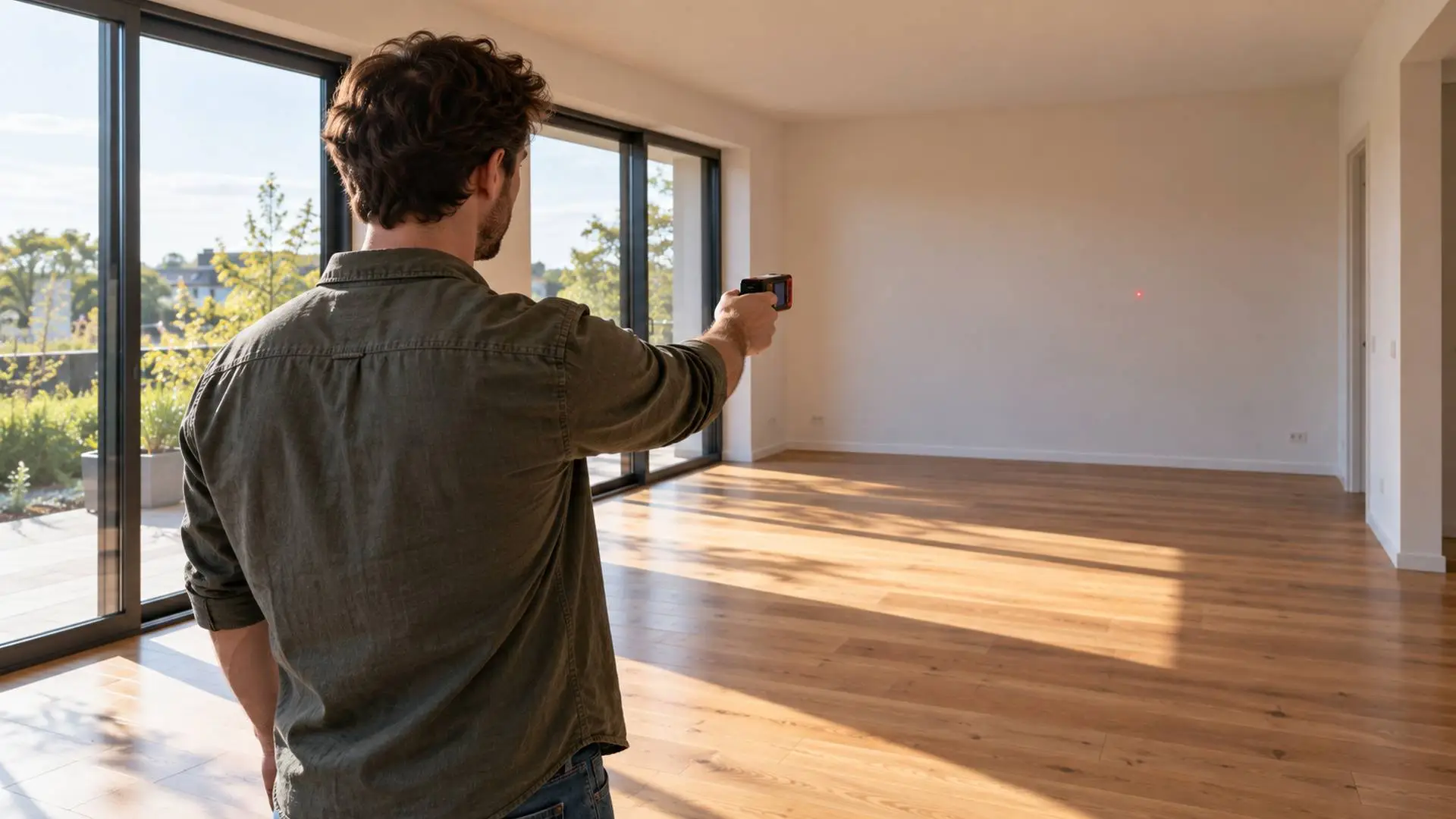 Man meet met een laserafstandsmeter een lege woonkamer met houten vloer, met een rode laserstip op de muur