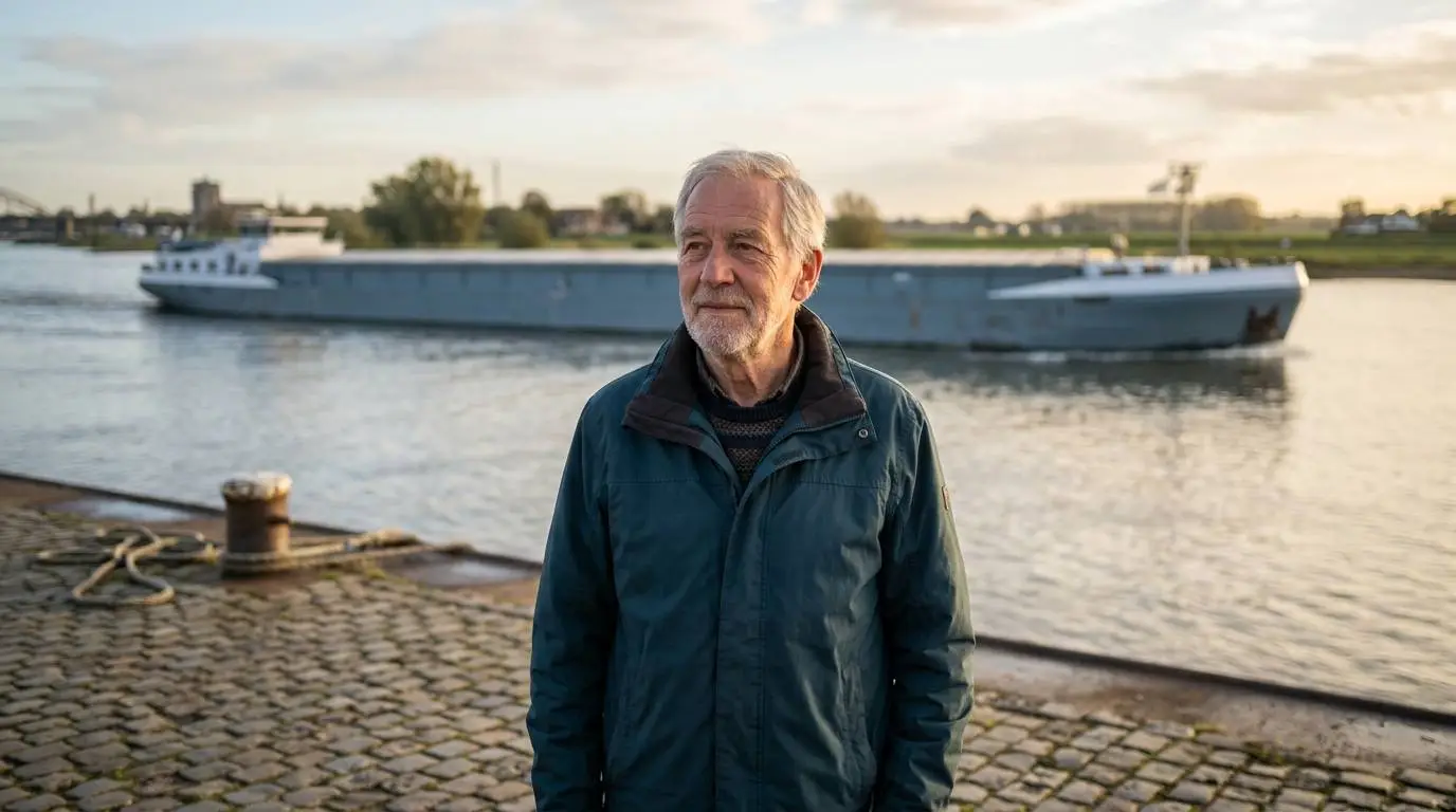 Man van rond de zeventig in een windjack op een kade langs een brede rivier met een voorbijvarend binnenvaartschip op de achtergrond.