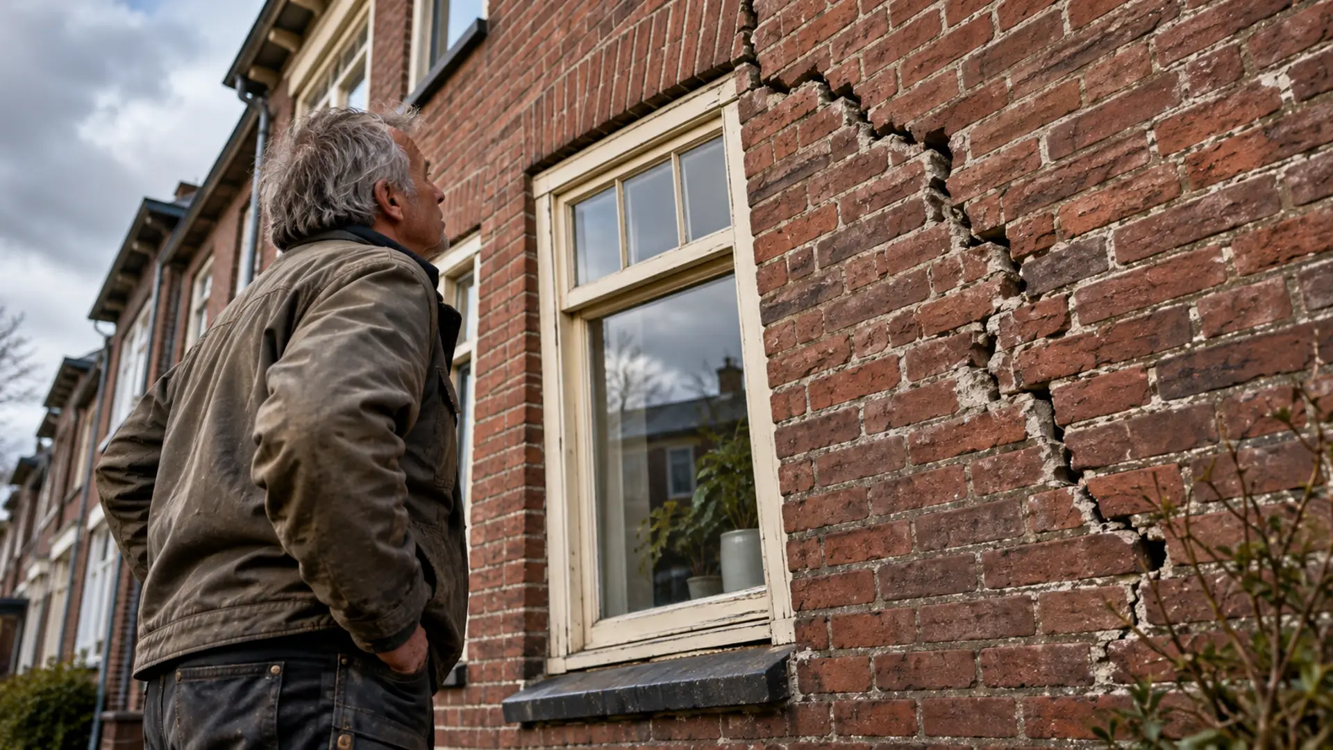 Oudere man kijkt naar een brede scheur in de bakstenen gevel van zijn rijtjeshuis, symbool voor funderingsschade