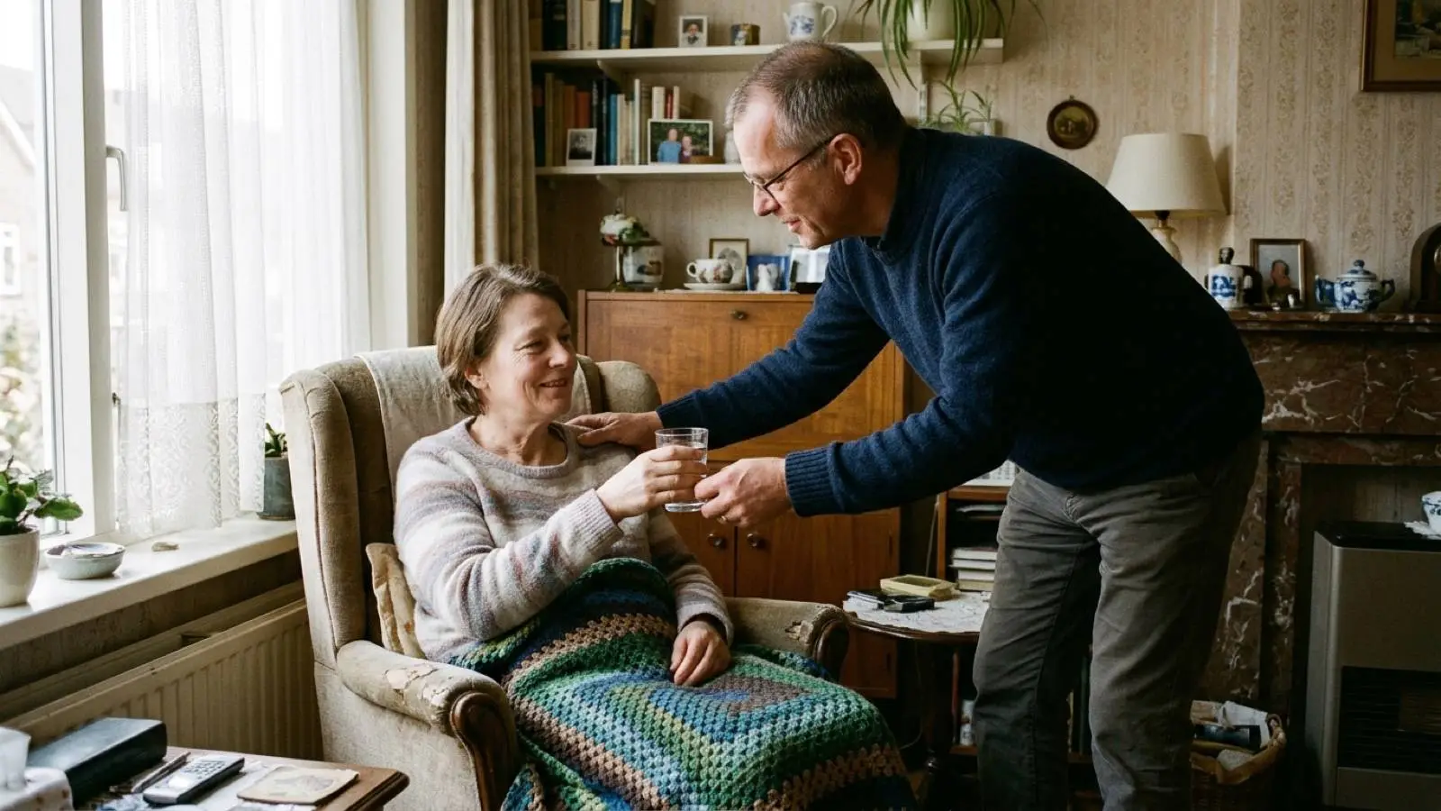 Nederlandse mantelzorger helpt een chronisch zieke vrouw met een glas water in haar woonkamer.