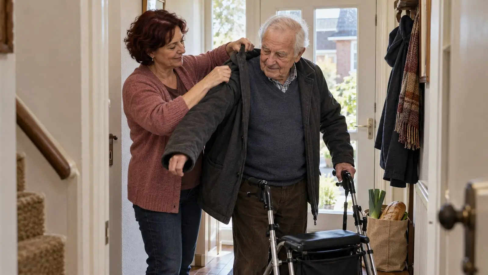 Dochter helpt haar oudere vader met zijn jas in de hal, naast een rollator en een boodschappentas.