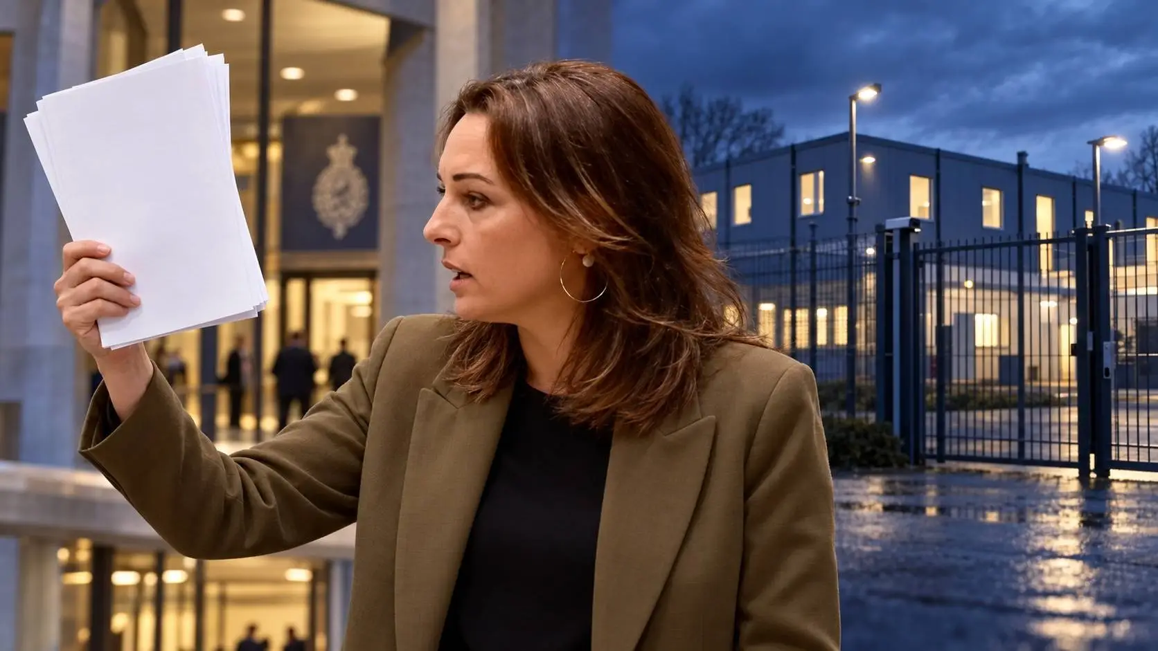 AI-illustratie van Marina Vondeling met opgeheven papieren, naast een symbolisch opvanggebouw achter een gesloten hek.