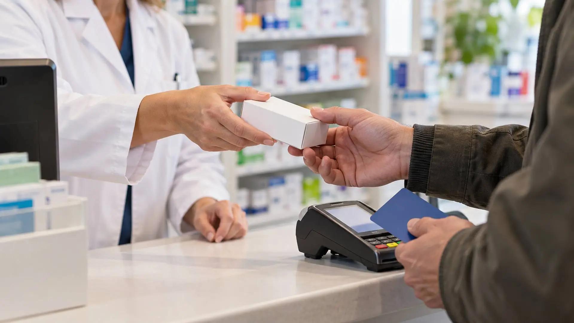 Illustratie van een klant die bij de apotheek een doosje medicijnen afrekent.