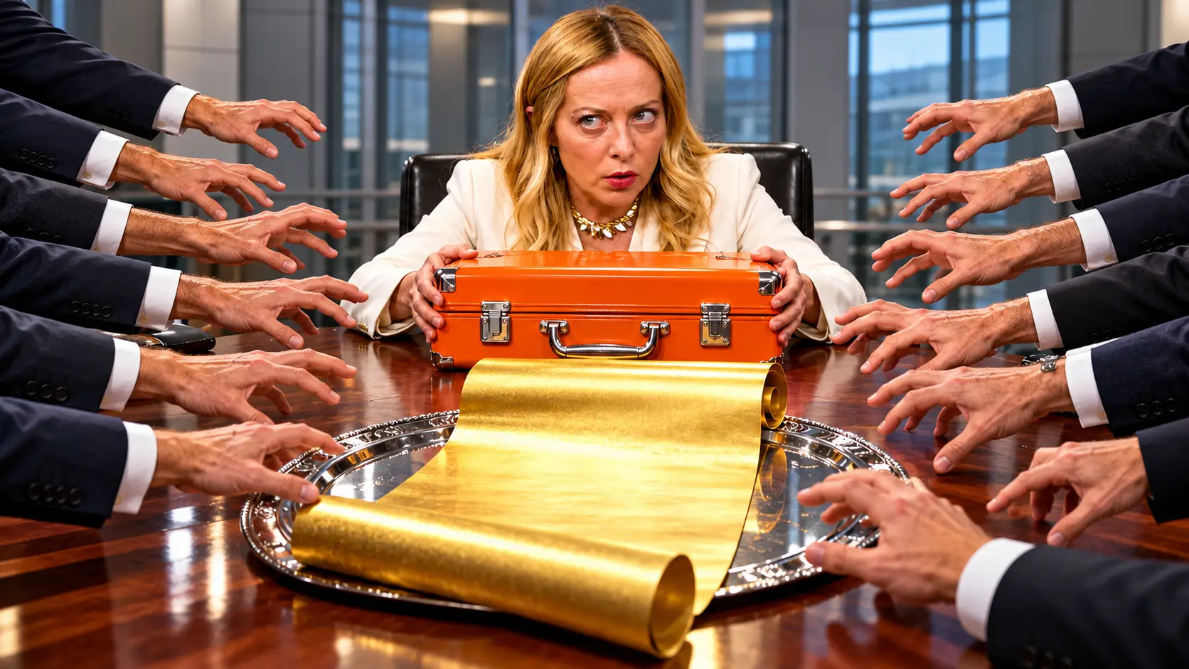 Illustratie van Giorgia Meloni met een oranje geldkoffertje, omringd door grijpende handen en een gouden rekening op een zilveren dienblad.