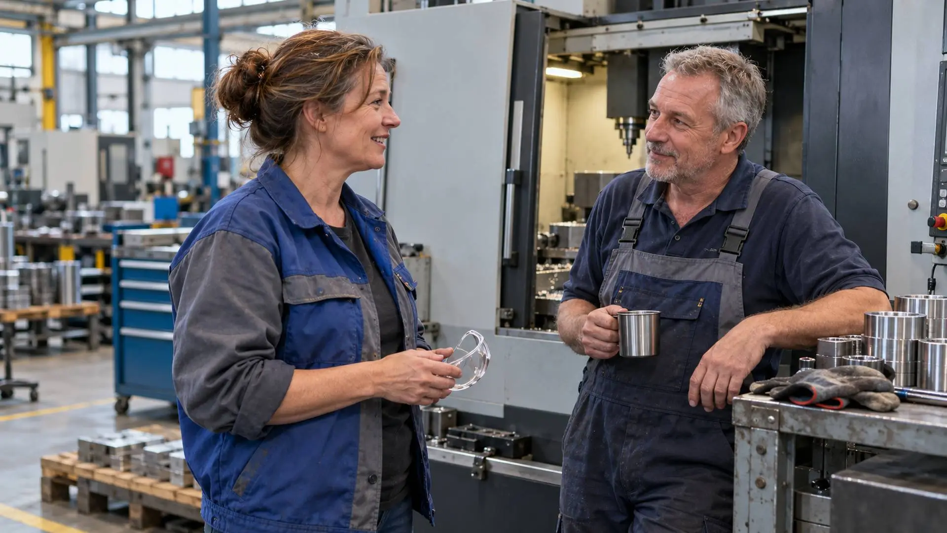 Twee metaalmedewerkers praten tijdens een pauze naast een machine.