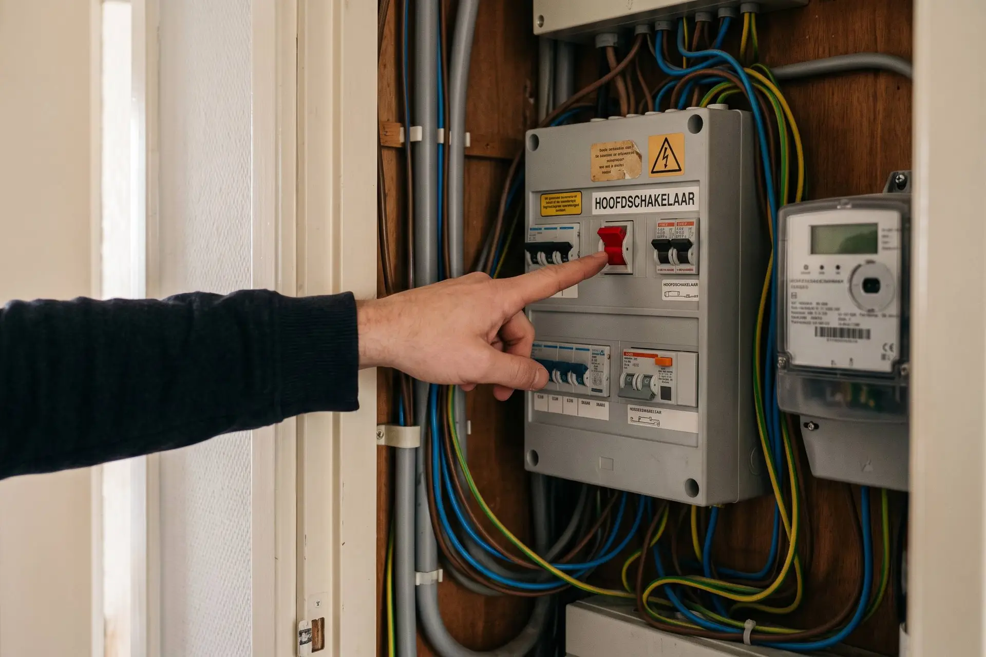Mannenhand wijst naar de hoofdschakelaar in een open meterkast in een gang, met kabels en elektriciteitsmeter