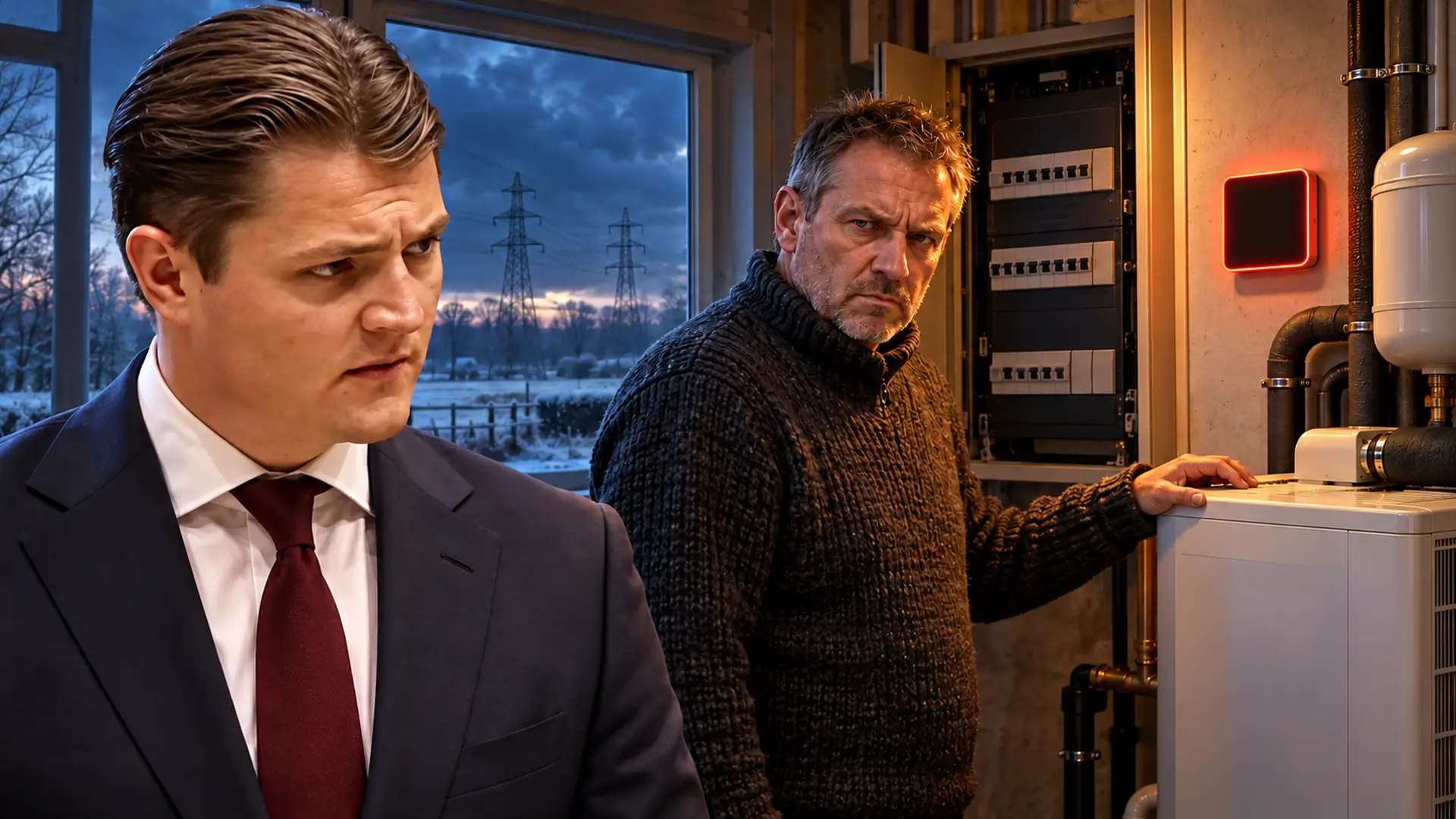 Illustratie van Milan Schenk naast een huiseigenaar bij een warmtepomp, open meterkast en rood oplichtende thermostaat, met hoogspanningsmasten buiten.