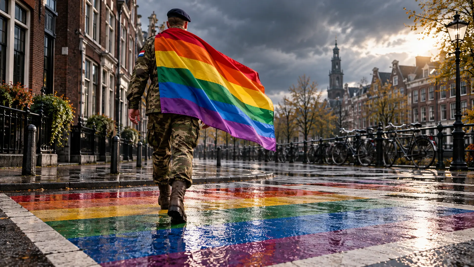 Anonieme Nederlandse militair loopt over een regenboogzebrapad met een regenboogvlag om zijn schouders.