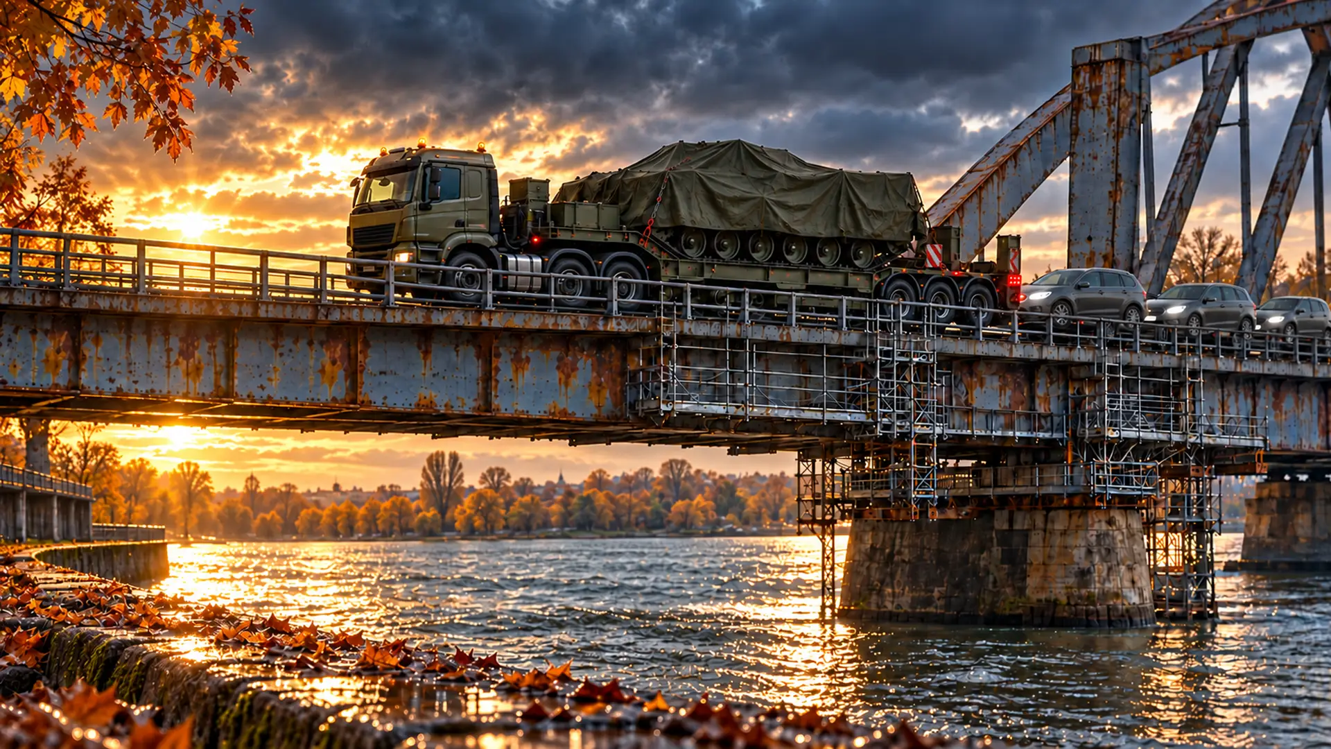 Militaire dieplader met een afgedekt pantservoertuig en wachtende auto’s op een Nederlandse brug in onderhoud.