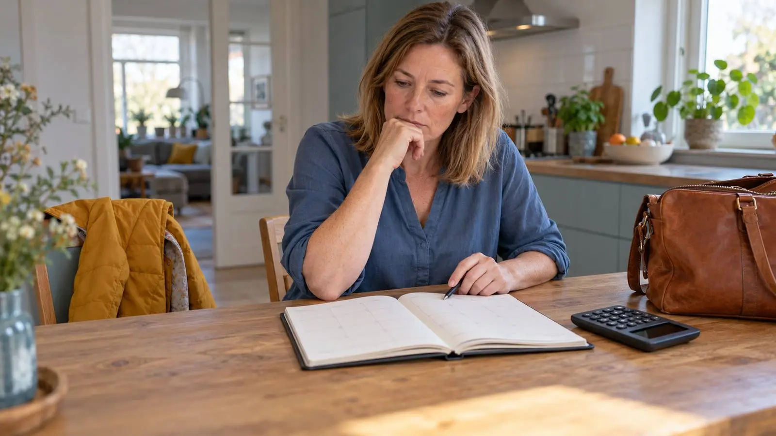Vrouw bekijkt een weekagenda aan de keukentafel, met een rekenmachine, werktas en kinderjas op een lege stoel.