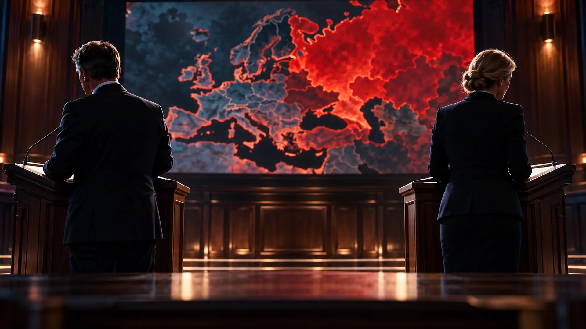 Twee ministers van achteren achter spreekgestoelten, voor een grote kaart van Europa met Rusland in het rood