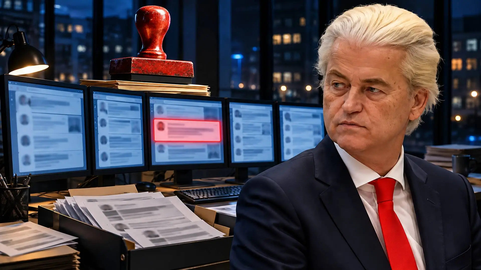 Illustratie van Geert Wilders naast schermen met een rood gemarkeerd bericht, een grote rode stempel en een dossierdoos vol uitgeprinte berichten.