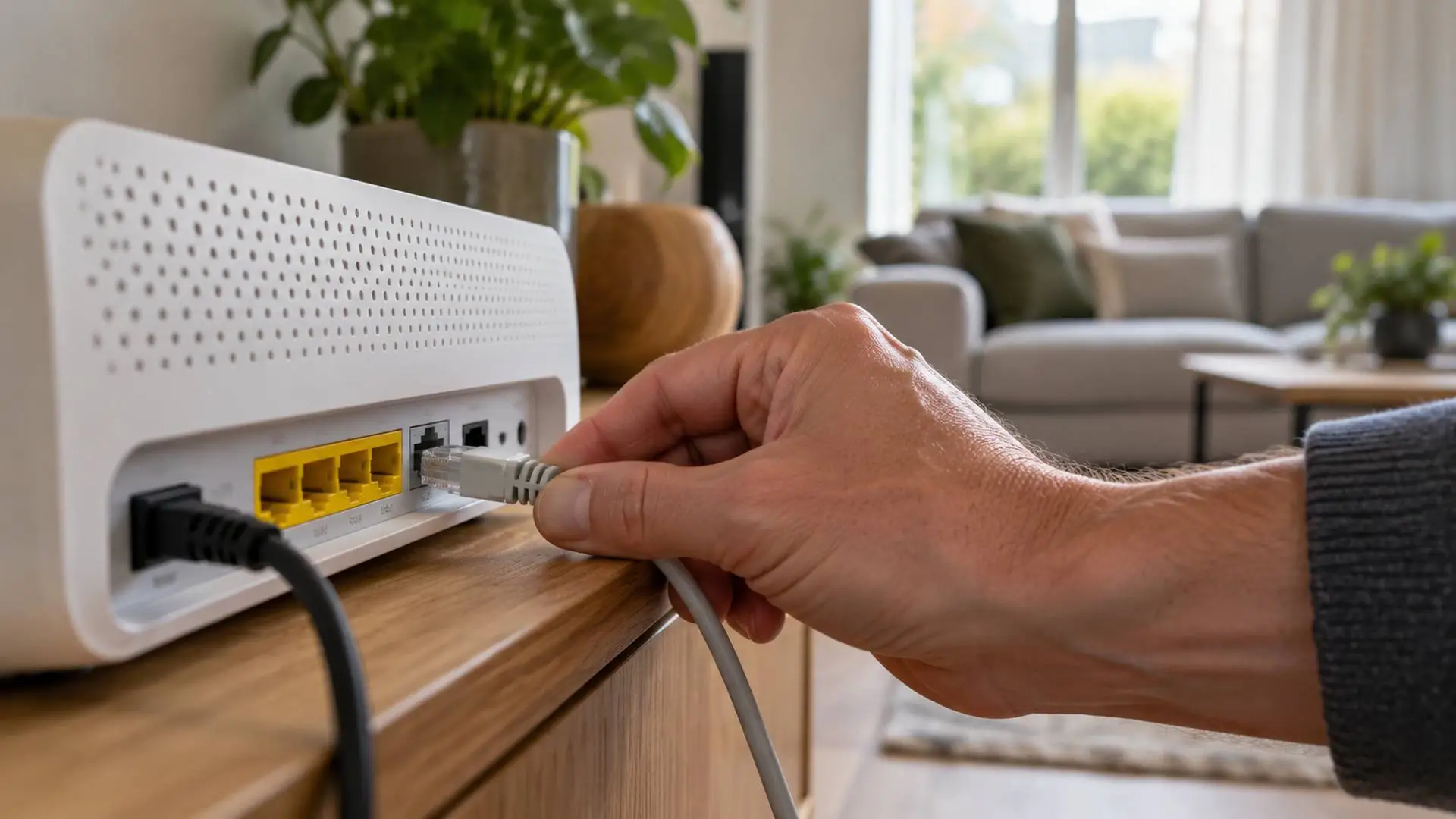 Hand controleert een netwerkkabel bij een modem in een woonkamer.