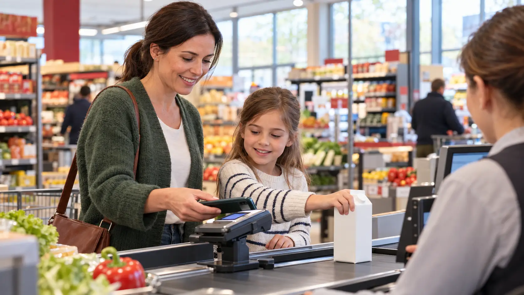 Moeder betaalt met haar telefoon bij de supermarktkassa terwijl haar dochter een pak melk op de band zet.