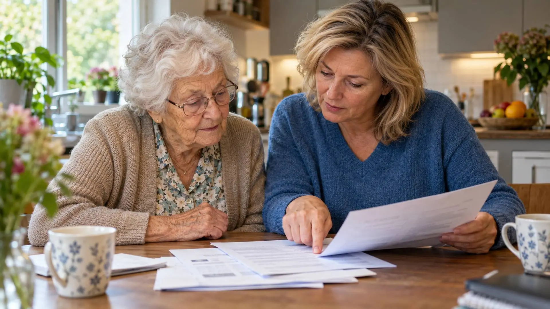 Een dochter die bankpapieren met haar hoogbejaarde moeder aan de keukentafel bespreekt.