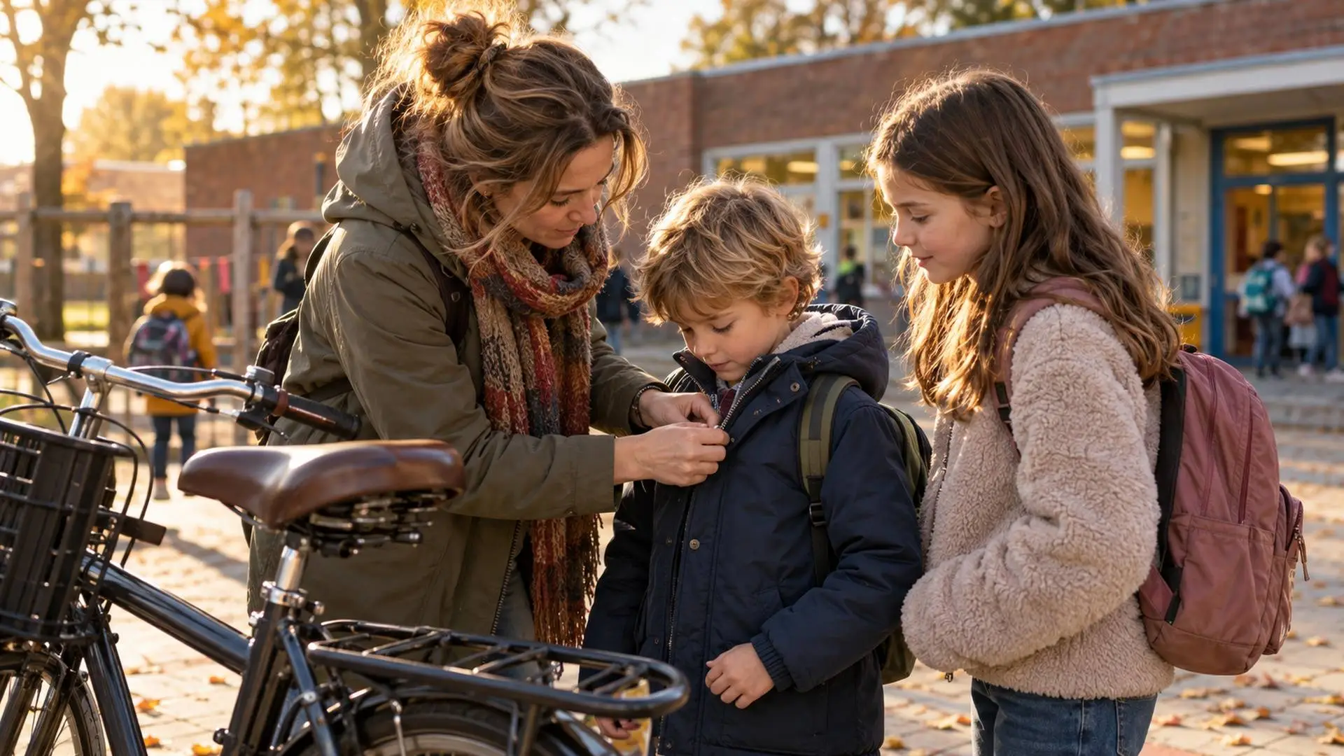Moeder helpt haar zoontje met zijn jas op het schoolplein bij de buitenschoolse opvang, haar dochter staat ernaast met een rugzak.