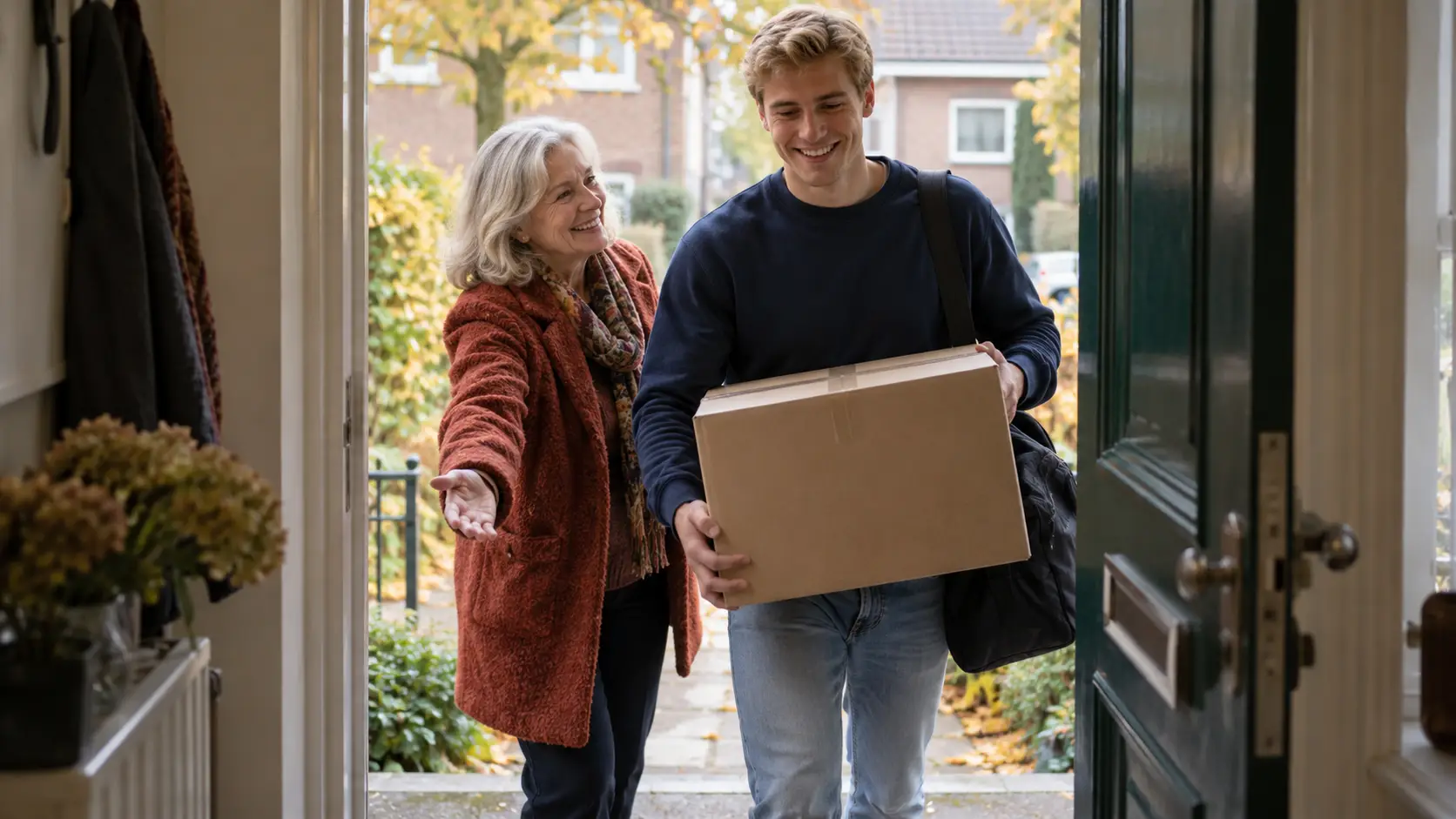 Oudere vrouw verwelkomt haar volwassen zoon met een verhuisdoos bij de voordeur van haar rijtjeshuis.