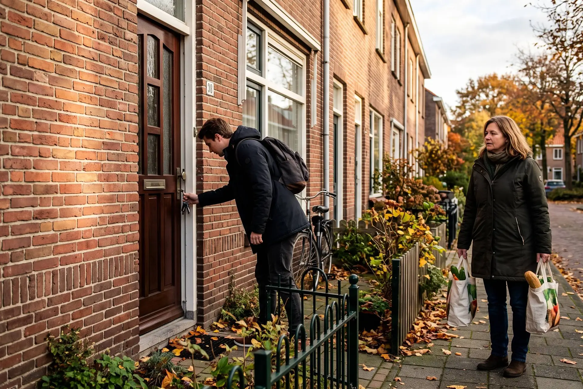 Vrouw van rond de vijftig met boodschappentassen en haar volwassen zoon bij de voordeur van een bakstenen rijtjeshuis
