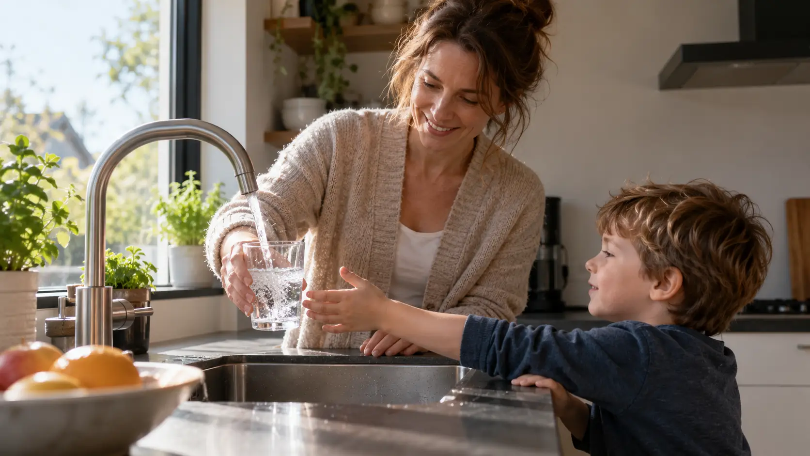 Moeder vult in de keuken een glas met kraanwater voor haar zoontje
