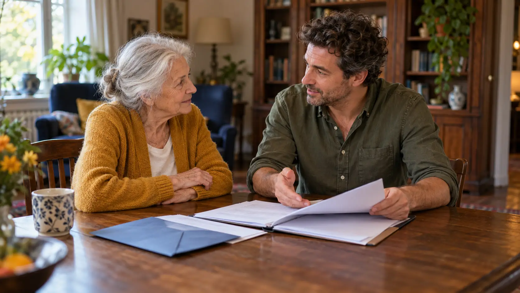 Oudere vrouw bespreekt met haar volwassen zoon papieren uit een map, met een geopende blauwe envelop op de eettafel.