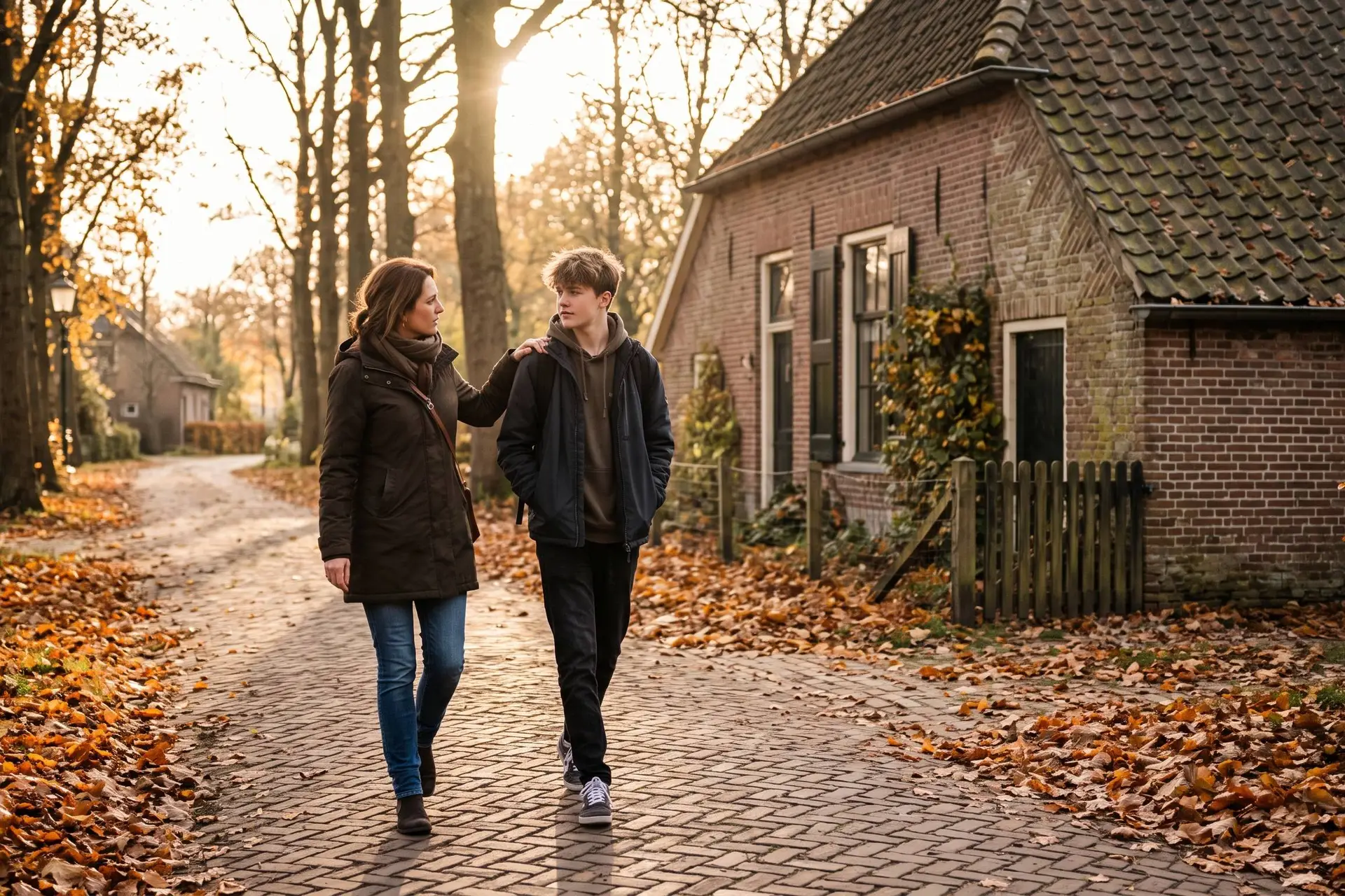 Moeder en tienerzoon lopen over een herfstpad bij een oude dorpswoning, zij legt een hand op zijn schouder
