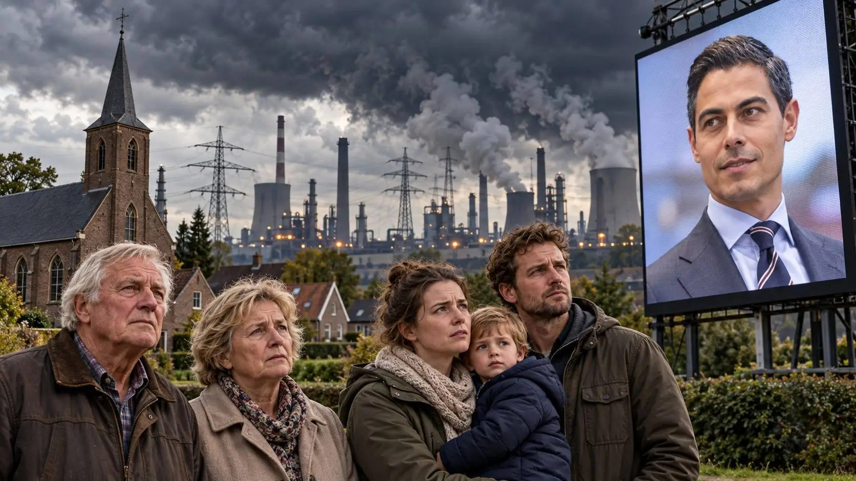 Dorpsbewoners en een gezin bij een kerkje met industrie en hoogspanningsmasten erachter, Jetten op een groot scherm